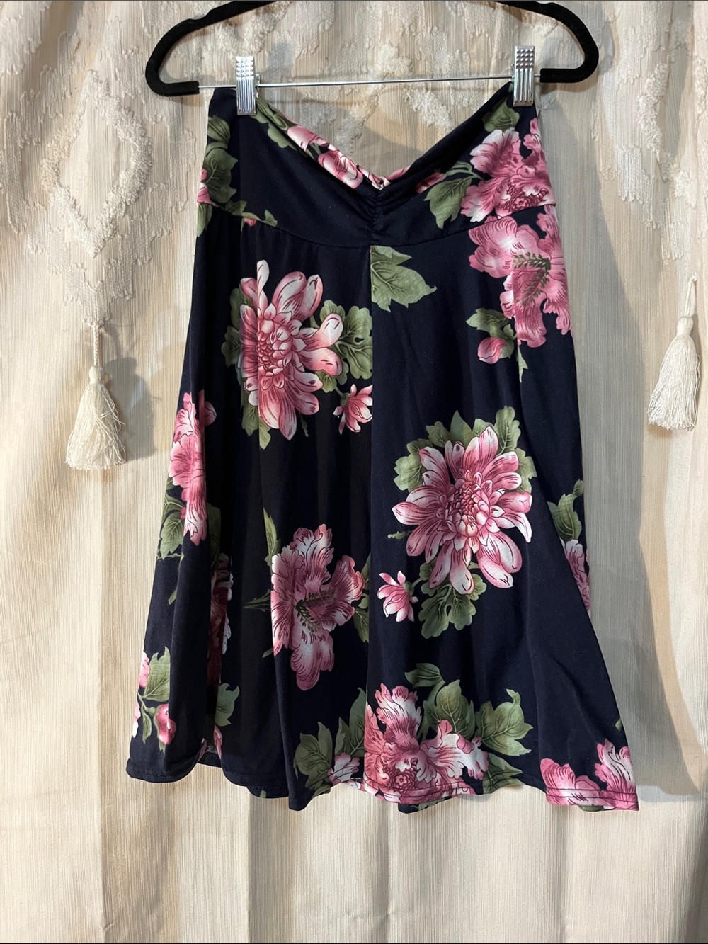 Black Floral V-Waist Circle Skirt with Pink Blooms